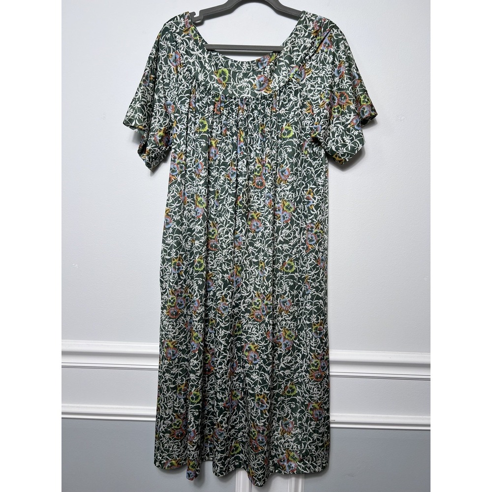 Vintage 70's Sears Green Floral Vine Lounger House Dress (Medium) Triacetate